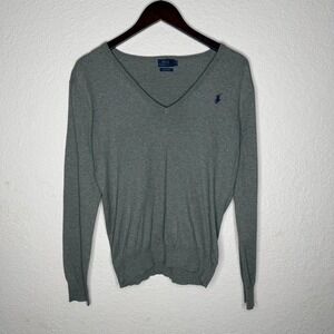 Vintage Polo Ralph Lauren Sweatshirt Mens M Gray V Neck Sweater Pullover